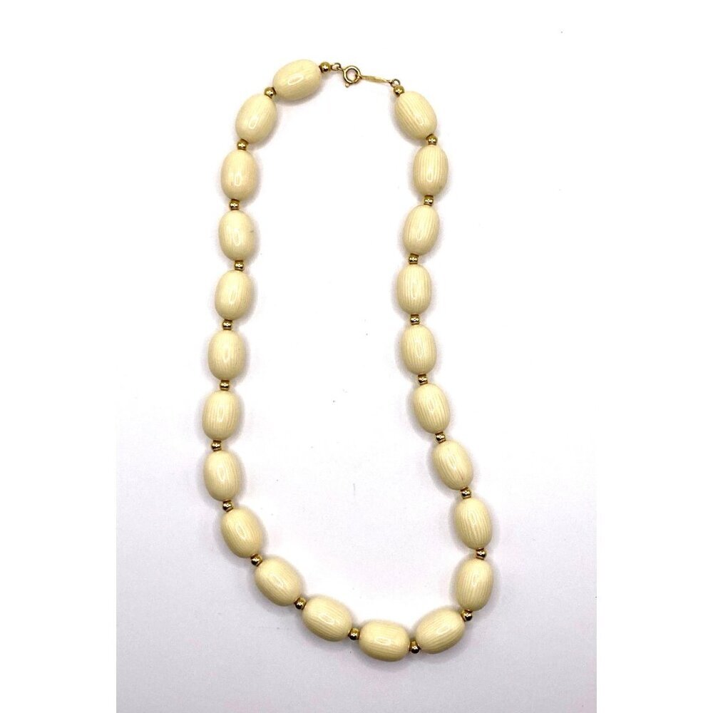 NAPIER OVAL FRENCH FAUX IVORY BEAD 18" STRAND GOLD SPACER Necklace MCM SIGNED EU